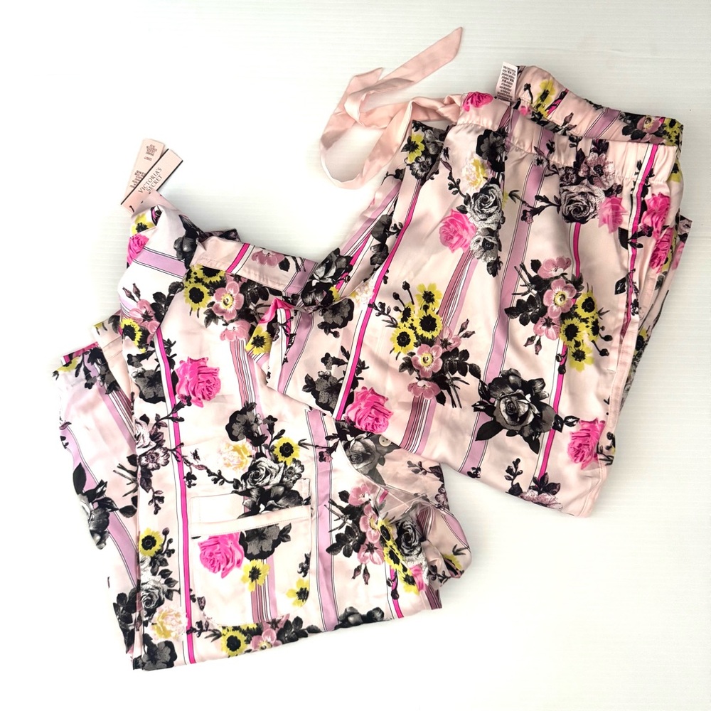 Victoria's Secret Satin Pajamas Pink Floral Stripe Print VS Size Medium - Picture 4 of 9